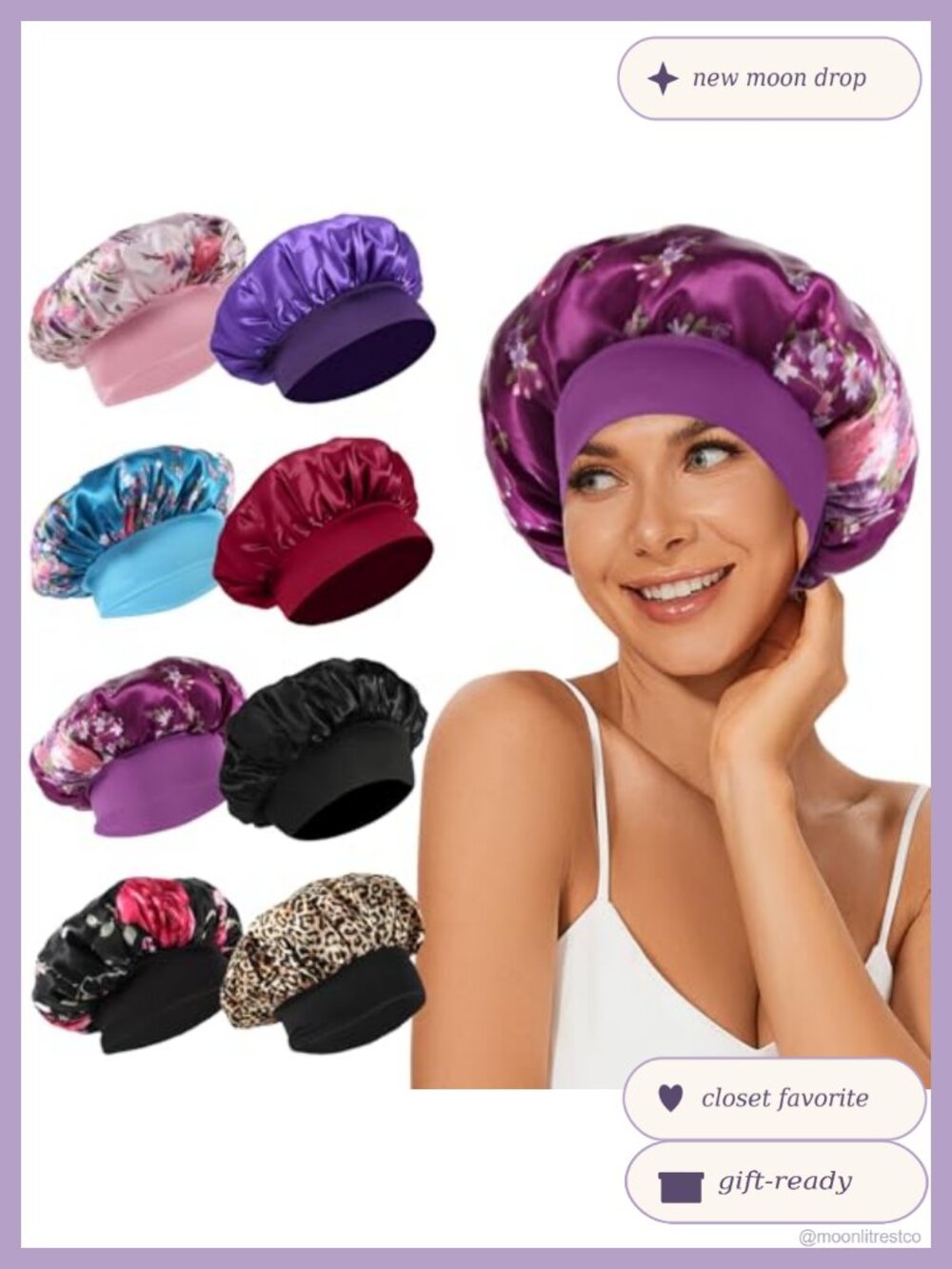 8 Pack Satin Silk Hair Bonnets for Sleeping, Wide Elastic Band, One Size